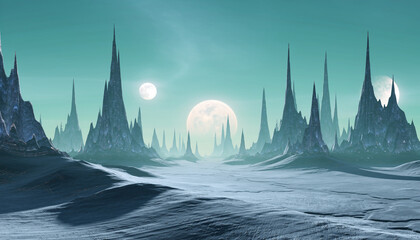 Digital illustration of a futuristic fantasy landscape with spiky mountains and a large moon in a blue-green atmosphere.