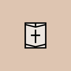 Obraz premium Minimalist Christian cross and open book icon on a beige background, symbolizing faith, religion, and scripture.