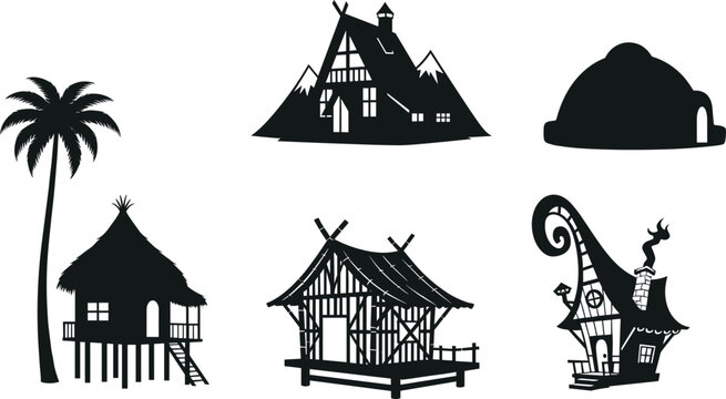Traditional houses, stilt hut, alpine cabin, igloo dome, fantasy home, cultural dwelling, wooden architecture, rural shelter, cad drawing flat vector illustration