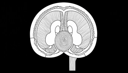 Detailed illustration of a human brain's cross-section with a focus on its internal structures against a black background.