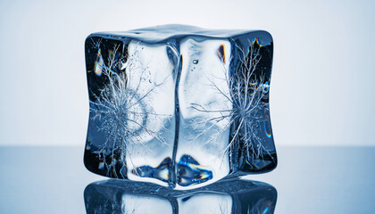 Macro close-up of a melting ice cube with frosty tree branches trapped inside on a reflective surface with a cold blue mood.
