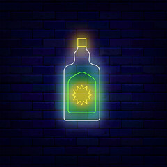 Tequila bottle neon symbol. Cocktail with cactus icon. Drinking glass bar. Sour flavor. Vector stock illustration