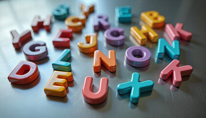  Colorful plastic alphabet letters on metallic surface