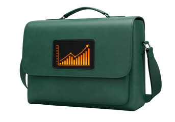 Isolated green leather briefcase displays an increasing orange business chart graphic symbol