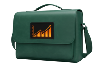 Isolated green leather briefcase displays an increasing orange business chart graphic symbol