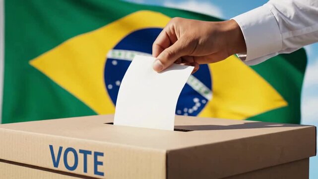 Voting in Brazil election for a better future inserting ballot into box with Brazilian flag waving in the background to empower democracy