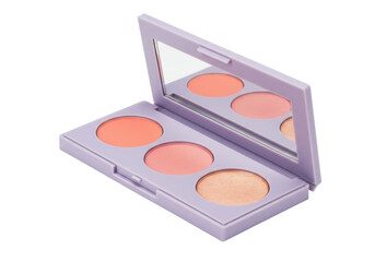 Isolated makeup palette product, open with three shades. Beauty case for cosmetics, eyeshadows