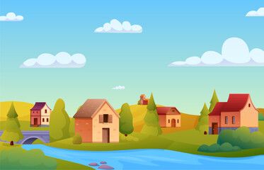 Countryside valley landscape. Green hills, river, stone bridge and houses. Rural village with wooden brick buildings, medieval style vector illustration