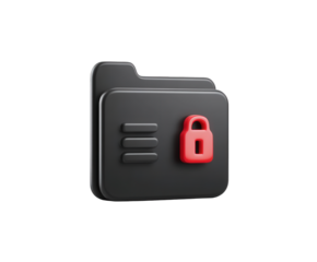 3d rendering of a black folder icon with a red padlock symbol on a transparent background, representing security, privacy, and data protection