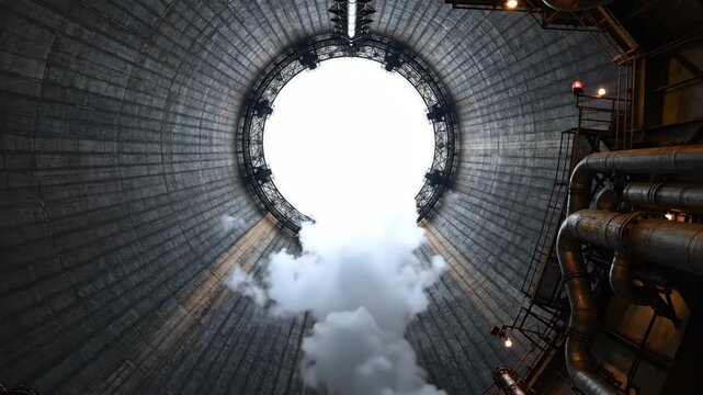 An industrial cooling tower releases white steam from a power plant up towards the bright circular opening in the sky symbolizing energy production and industrial pollution