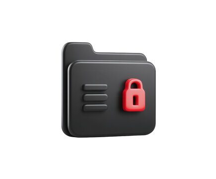 3d rendering of a black folder icon with a red padlock symbol on a transparent background, representing security, privacy, and data protection