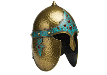 Isolated antique helmet with turquoise enamel inlay, medieval, vintage, protection