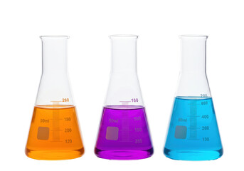 Isolated scientific flasks with colored liquid chemical solution laboratory test equipment