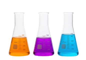 Isolated scientific flasks with colored liquid chemical solution laboratory test equipment