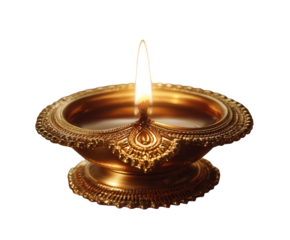 A traditional indian diya oil lamp made of brass, lit with a bright flame, isolated on transparent background