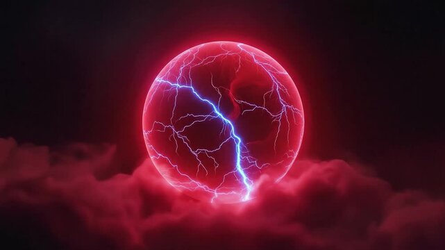 A captivating abstract animation features a vibrant, glowing red sphere at its center, pulsating with intense energy. Jagged, electric blue lightning bolts continually crackle and surge across the orb