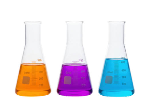 Isolated scientific flasks with colored liquid chemical solution laboratory test equipment