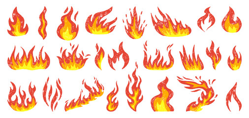Crayon drawing fire. Hand drawn flames, fires colored pencil or chalk drawing. Hot, heat symbols. Isolated campfire children style neoteric vector elements