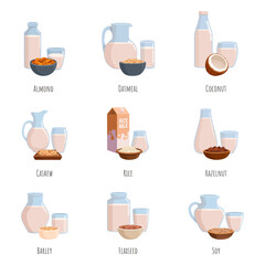 Vegan milk. Alternative drinks from almond oat rice cashew hazelnut soy. Glass bottles and jars and glasses, bowls with cereals and nuts, sapid vector set