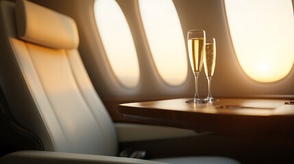 Elegant champagne flutes on a private jet table, sunlit windows adding ambiance. A luxurious travel experience awaits with comfort and sophistication in the air.