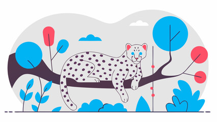 Fototapeta premium Illustration of a leopard resting on a tree branch with colorful foliage and a serene cloudscape view on transparent background silhouette