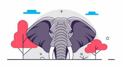 Illustration of an elephant head with trees and clouds in a minimalist style design concept on transparent background silhouette