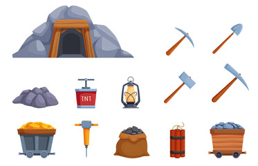 Mine equipments. Cartoon shovel pick hammer, dynamite and coal bag. Cart with golden bars, isolated mining tools icons. Entry in cave, sapid vector set