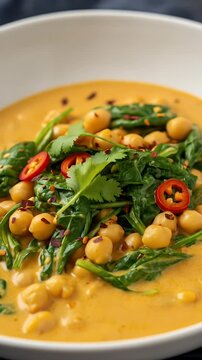 Delicious Chickpea and Spinach Curry with Chili and Cilantro Garnish