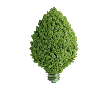 A green leaf shaped like a light bulb, symbolizing ecofriendly energy and sustainability, isolated on transparent background