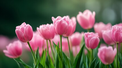 Pink Tulips in Garden: A close-up shot captures a vibrant field of pink tulips in full bloom. Each petal radiates with a soft, natural hue, and lush green leaves.