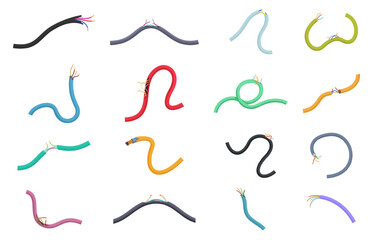 Damaged electrical cables. Electricity problems, broken cable for charge device or communication wires. Electric connects uninsulated, cartoon sapid vector set