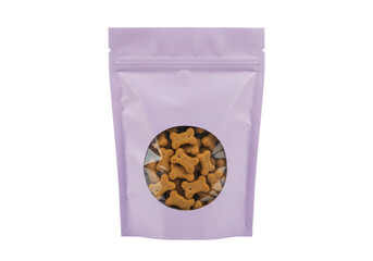 Isolated lilac bag of dog treats, bone-shaped snacks visible through a circular window