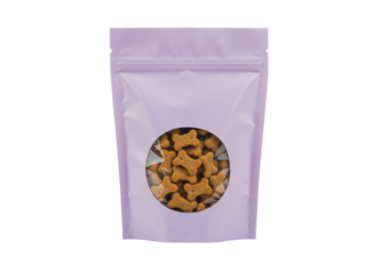 Isolated lilac bag of dog treats, bone-shaped snacks visible through a circular window