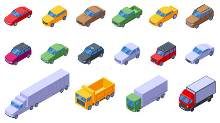 Isometric cars. Personal car various design. City and country vehicle, delivery, transportation. Automobile 3d isolated elements, urban travel nifty vector set