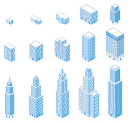 Isometric line buildings. Various apartments and building with windows. Isolated outline urban architecture, office shopping mall, nifty vector set