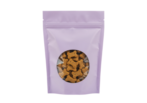 Isolated lilac bag of dog treats, bone-shaped snacks visible through a circular window