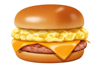 Isolated breakfast sandwich with sausage, egg, cheese, and bun on a bright morning