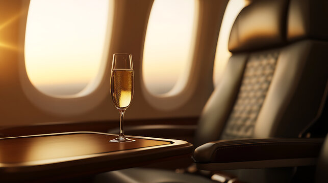 Elevated flying experience with a glass of bubbly against a sunset view. Luxury travel, relaxation above the clouds. A toast to new horizons and unforgettable journeys.