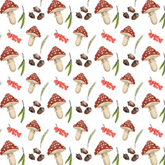Autumn watercolor seamless pattern of toadstools, berries, spruce twigs, acorns.