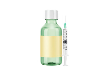 Isolated bottle of medicine with blank label and syringe for injection of vaccine dosage
