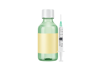Isolated bottle of medicine with blank label and syringe for injection of vaccine dosage
