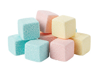 Isolated cube shaped marshmallows pile with glitter, soft colored confectionery squares treat
