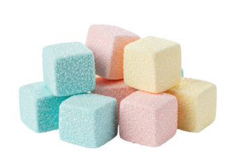 Isolated cube shaped marshmallows pile with glitter, soft colored confectionery squares treat