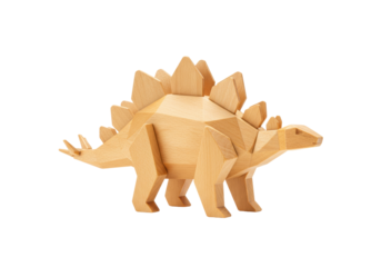 Isolated Stegosaurus figurine carved from wood, geometric polygonal dinosaur model toy
