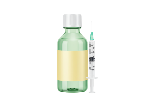 Isolated bottle of medicine with blank label and syringe for injection of vaccine dosage