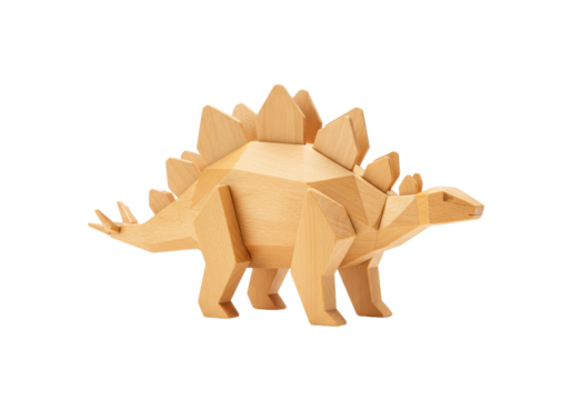 Isolated Stegosaurus figurine carved from wood, geometric polygonal dinosaur model toy