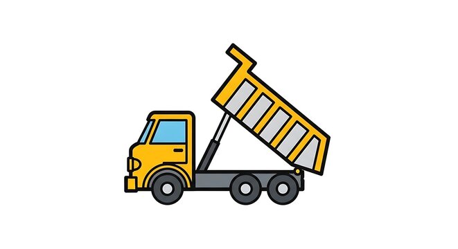 Cartoon dump truck with raised bed on white background.