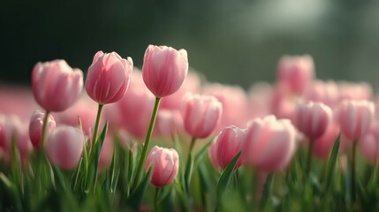 Pink Tulips in Bloom: A field of soft pink tulips, their delicate petals gently unfurled, basking in the diffused light, creating a scene of serene beauty.