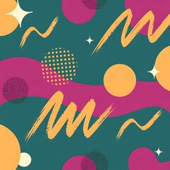 Abstract memphis style pattern with geometric shapes and brush strokes