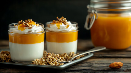 Delight in these creamy yogurt parfaits with vibrant mango and crunchy granola, served in charming mason jars, a simple almond adds rustic touch on aged wood table.